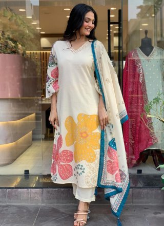 Embroidered and Print Work Organza Pant Style Suit In White for Casual