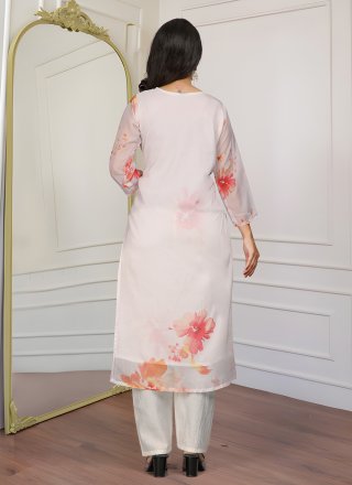 Embroidered and Print Work Organza Salwar Suit In White