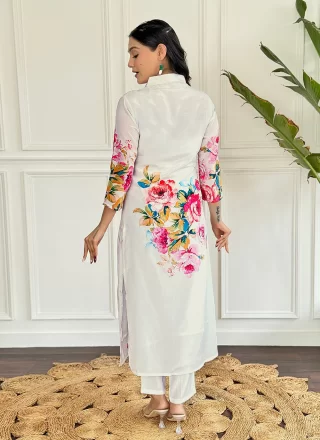 Embroidered and Print Work Pure Crepe Salwar Suit In White