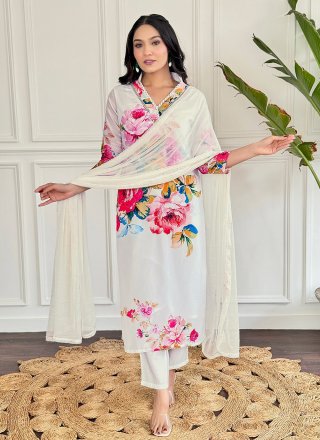 Embroidered and Print Work Pure Crepe Salwar Suit In White