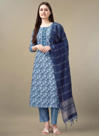 Embroidered and Print Work Rayon Readymade Salwar Suit In Blue for Casual