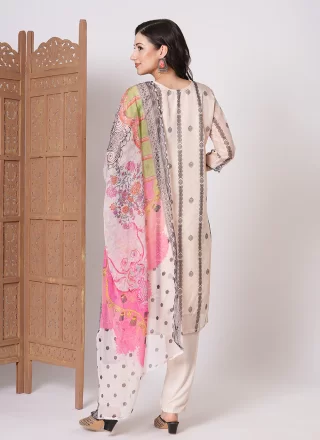 Embroidered and Print Work Silk Salwar Suit In Off White