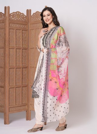 Embroidered and Print Work Silk Salwar Suit In Off White