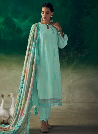 Embroidered and Resham Thread Work Muslin Salwar Suit In Aqua Blue