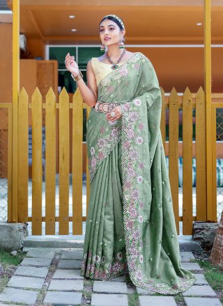Embroidered and Resham Thread Work Silk Traditional Saree In Green