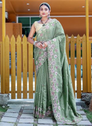 Yellow Color Thread Work Silk Saree