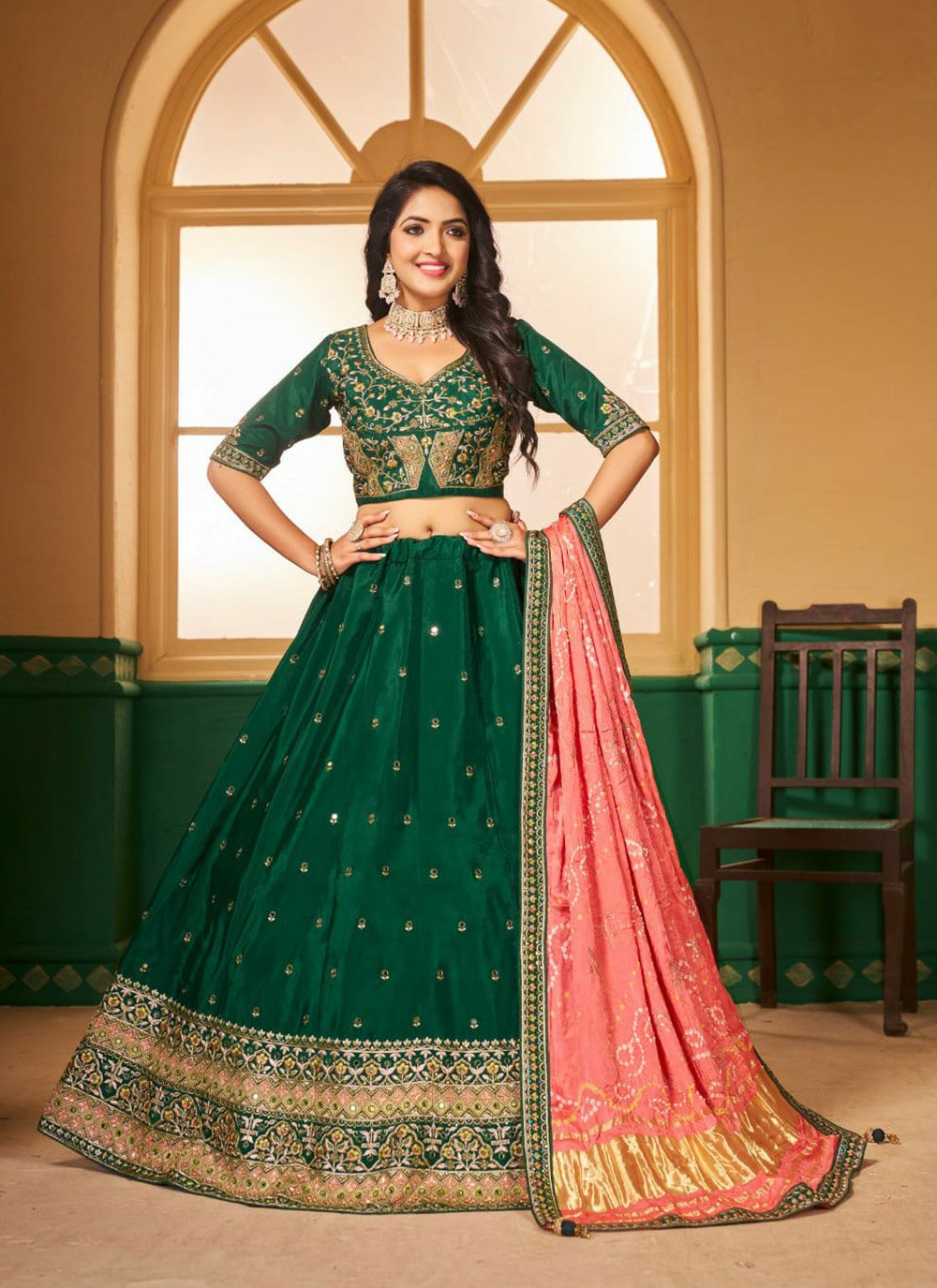 Embroidered and Resham Thread Work Viscose A - Line Lehenga Choli In Green