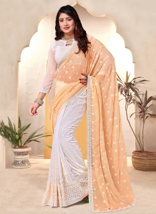 Embroidered and Resham Work Georgette Classic Sari In White and Yellow