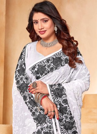 Embroidered and Resham Work Georgette Classic Sari In White for Ceremonial