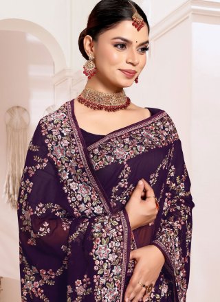 Embroidered and Resham Work Georgette Traditional Saree In Purple