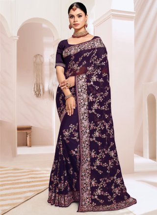 Embroidered and Resham Work Georgette Traditional Saree In Purple