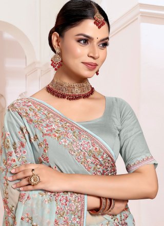 Embroidered and Resham Work Georgette Trendy Saree In Aqua Blue