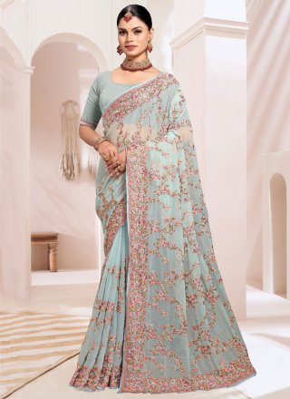 Embroidered and Resham Work Georgette Trendy Saree In Aqua Blue