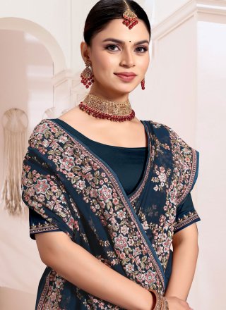 Embroidered and Resham Work Georgette Trendy Saree In Morpeach
