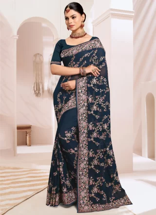 Embroidered and Resham Work Georgette Trendy Saree In Morpeach