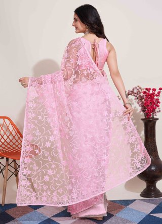 Embroidered and Resham Work Net Casual Saree In Pink