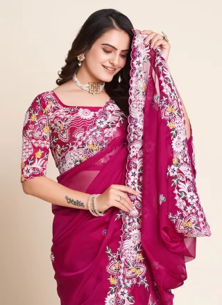 Embroidered and Resham Work Organza Contemporary Sari In Pink for Ceremonial