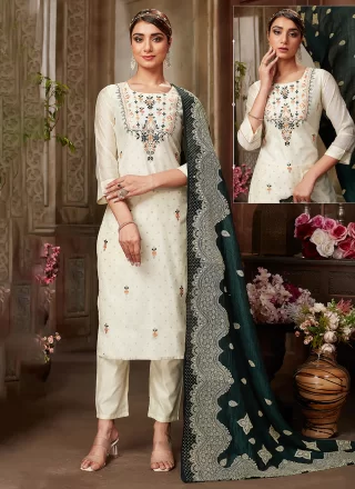 Embroidered and Resham Work Silk Pant Style Suit In Off White