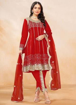 Embroidered and Sequins Work Art Silk Readymade Salwar Suit In Red