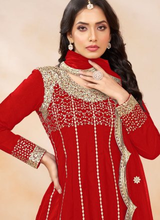 Embroidered and Sequins Work Art Silk Readymade Salwar Suit In Red