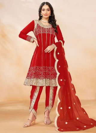 Embroidered and Sequins Work Art Silk Readymade Salwar Suit In Red