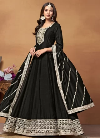 Embroidered and Sequins Work Art Silk Salwar Suit In Black