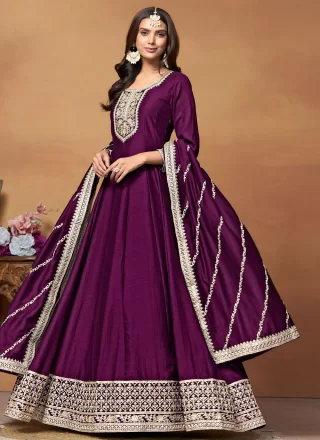 Embroidered and Sequins Work Art Silk Salwar Suit In Purple for Ceremonial