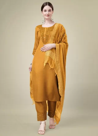 Embroidered and Sequins Work Blended Cotton Salwar Suit In Mustard