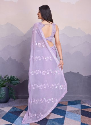 Embroidered and Sequins Work Chiffon Classic Saree In Lavender for Casual