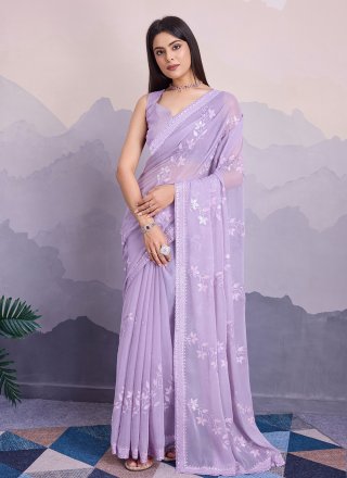 Embroidered and Sequins Work Chiffon Classic Saree In Lavender for Casual