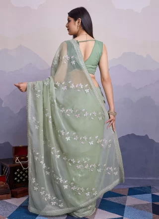 Embroidered and Sequins Work Chiffon Contemporary Sari In Green