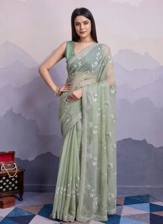 Embroidered and Sequins Work Chiffon Contemporary Sari In Green