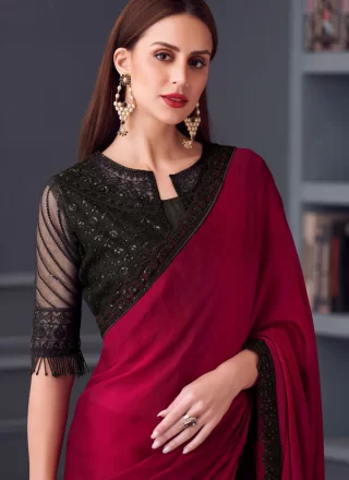 Embroidered and Sequins Work Chiffon Designer Saree In Rani and Red