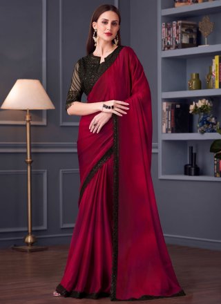Embroidered and Sequins Work Chiffon Designer Saree In Rani and Red