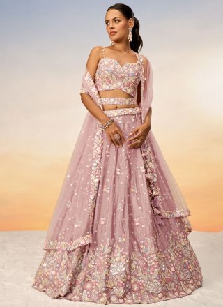 Embroidered and Sequins Work Chiffon Lehenga Choli In Pink