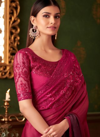 Embroidered and Sequins Work Chiffon Satin Designer Saree In Maroon and Rani
