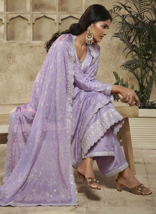 Embroidered and Sequins Work Chinon Palazzo Salwar Suit In Lavender
