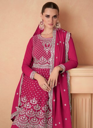 Embroidered and Sequins Work Chinon Palazzo Salwar Suit In Pink for Ceremonial