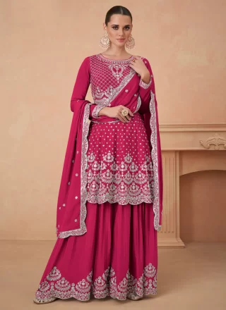 Embroidered and Sequins Work Chinon Palazzo Salwar Suit In Pink for Ceremonial