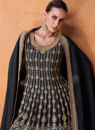 Embroidered and Sequins Work Chinon Readymade Salwar Suit In Black