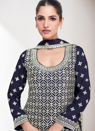 Embroidered and Sequins Work Chinon Readymade Salwar Suit In Black