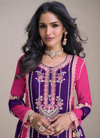 Embroidered and Sequins Work Chinon Readymade Salwar Suit In Purple for Engagement