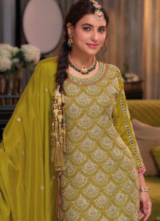 Embroidered and Sequins Work Chinon Salwar Suit In Green for Ceremonial