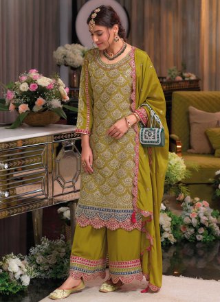 Embroidered and Sequins Work Chinon Salwar Suit In Green for Ceremonial