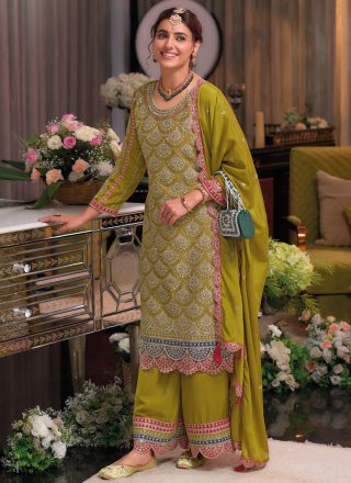 Embroidered and Sequins Work Chinon Salwar Suit In Green for Ceremonial