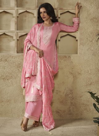 Embroidered and Sequins Work Chinon Salwar Suit In Pink