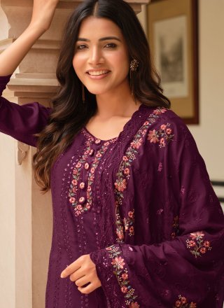 Embroidered and Sequins Work Chinon Salwar Suit In Purple