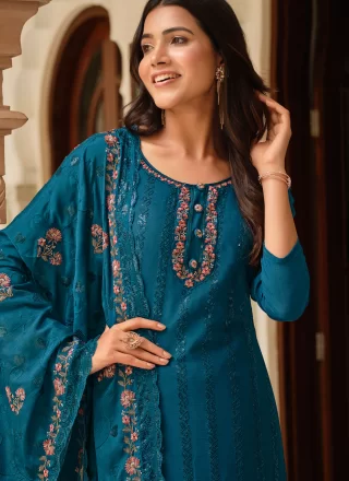 Embroidered and Sequins Work Chinon Salwar Suit In Teal