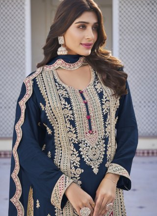 Embroidered and Sequins Work Chinon Trendy Suit In Blue for Engagement