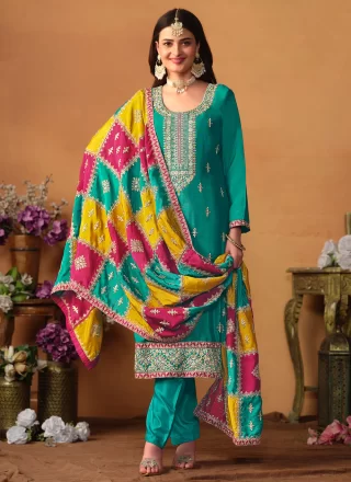 Embroidered and Sequins Work Chinon Trendy Suit In Turquoise